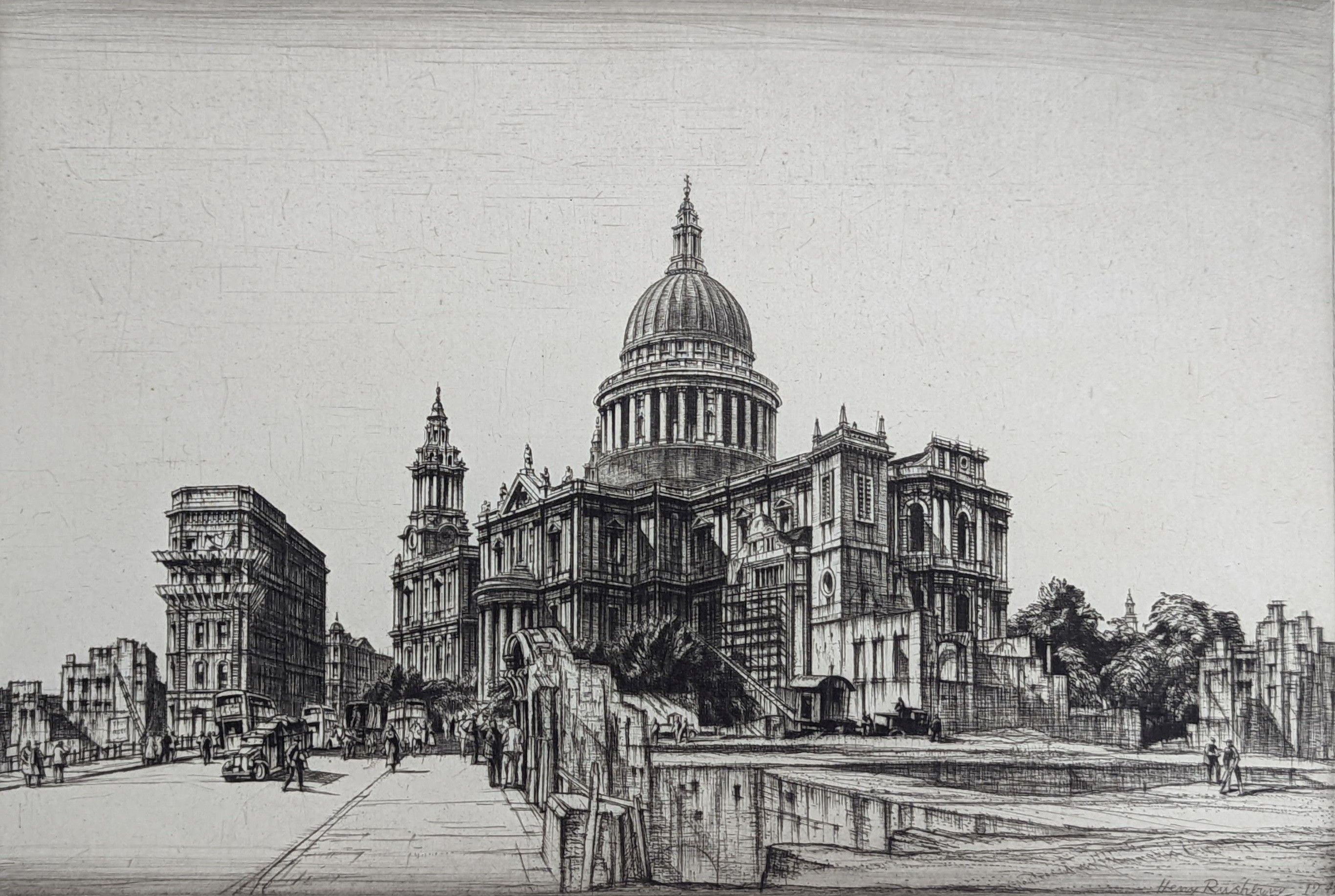 Sir Henry Rushbury RA (1889-1968), dry point etching, View of St Paul's during the Blitz, signed in pencil and dated 1942 in the plate, 25 x 37cm, unframed